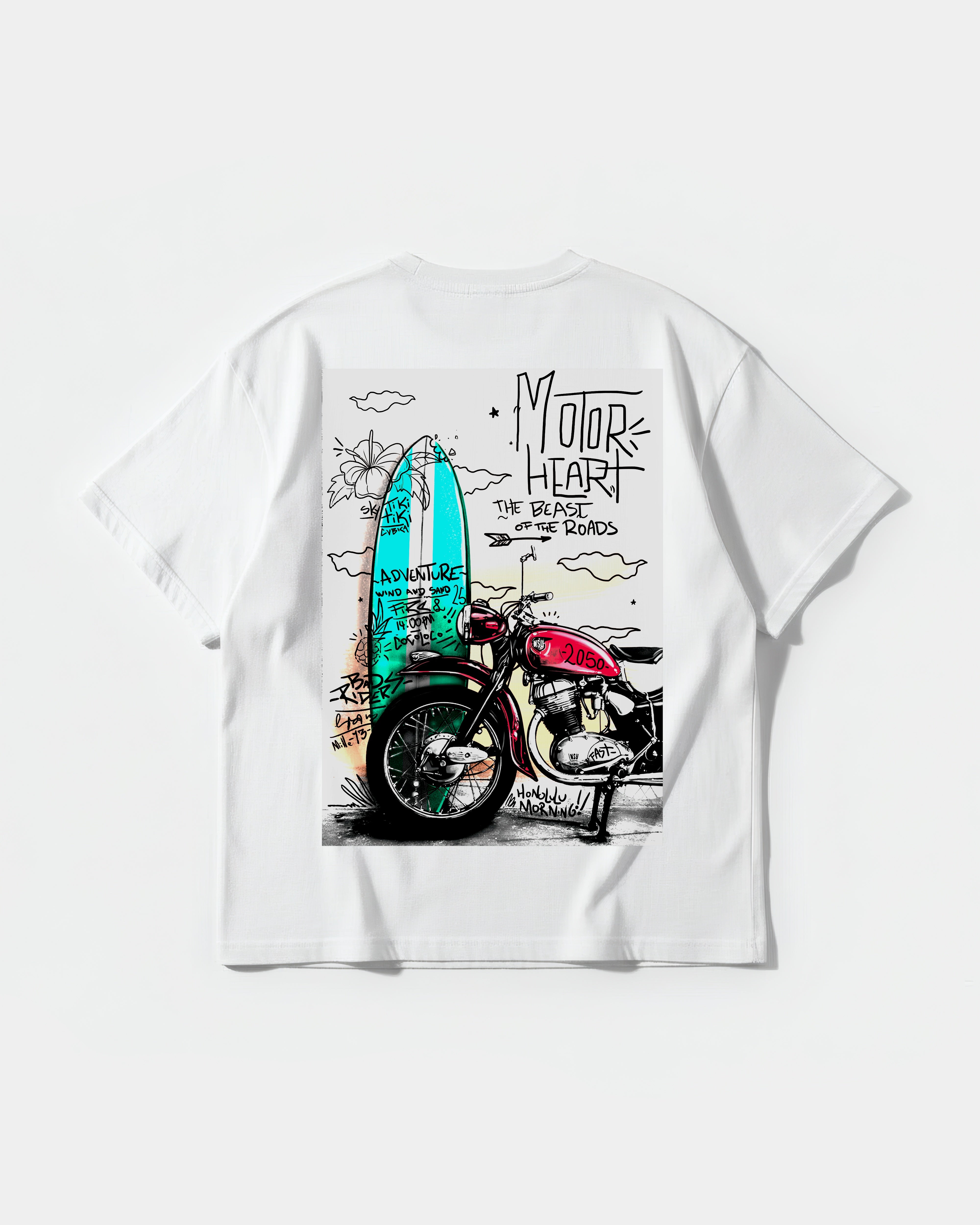 Camiseta Motor Heart White Pocket Front Oversize Basic Blanco
