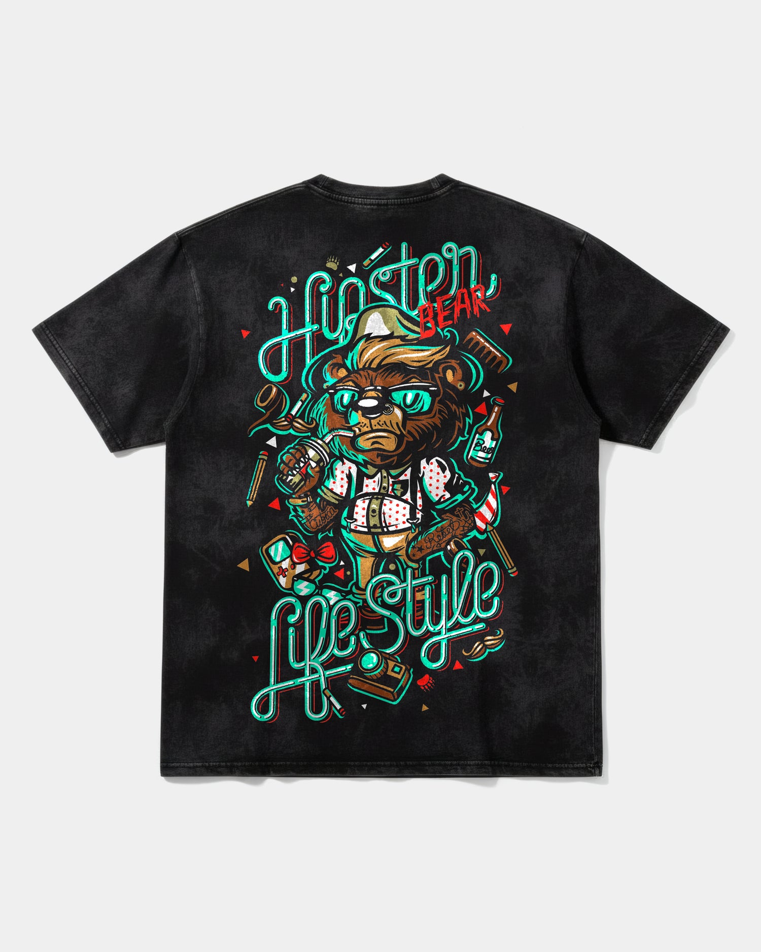 Hipster Bear Pocket Back Oversize Acid T-Shirt