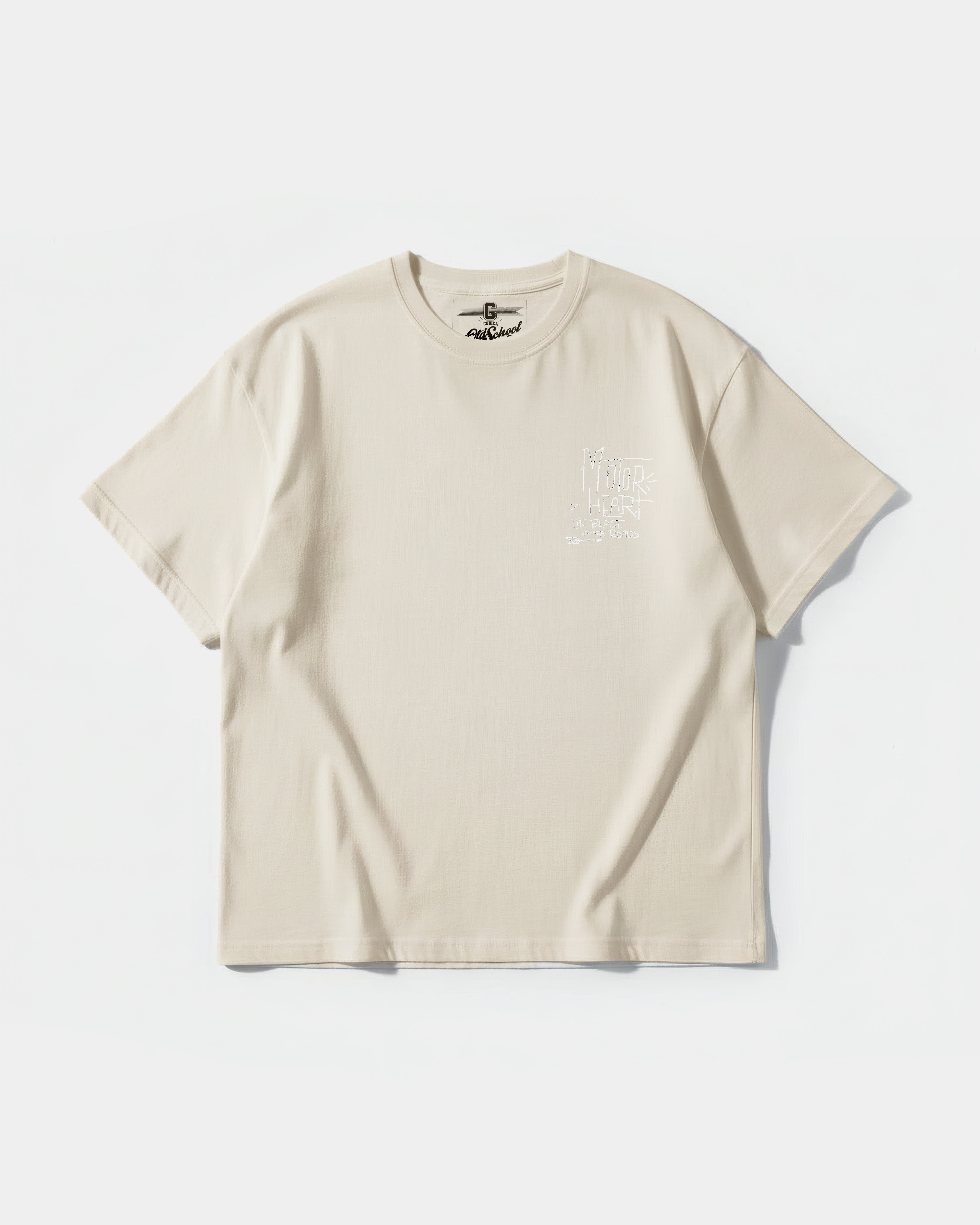Camiseta Motor Heart White Pocket Front Oversize Basic Beige