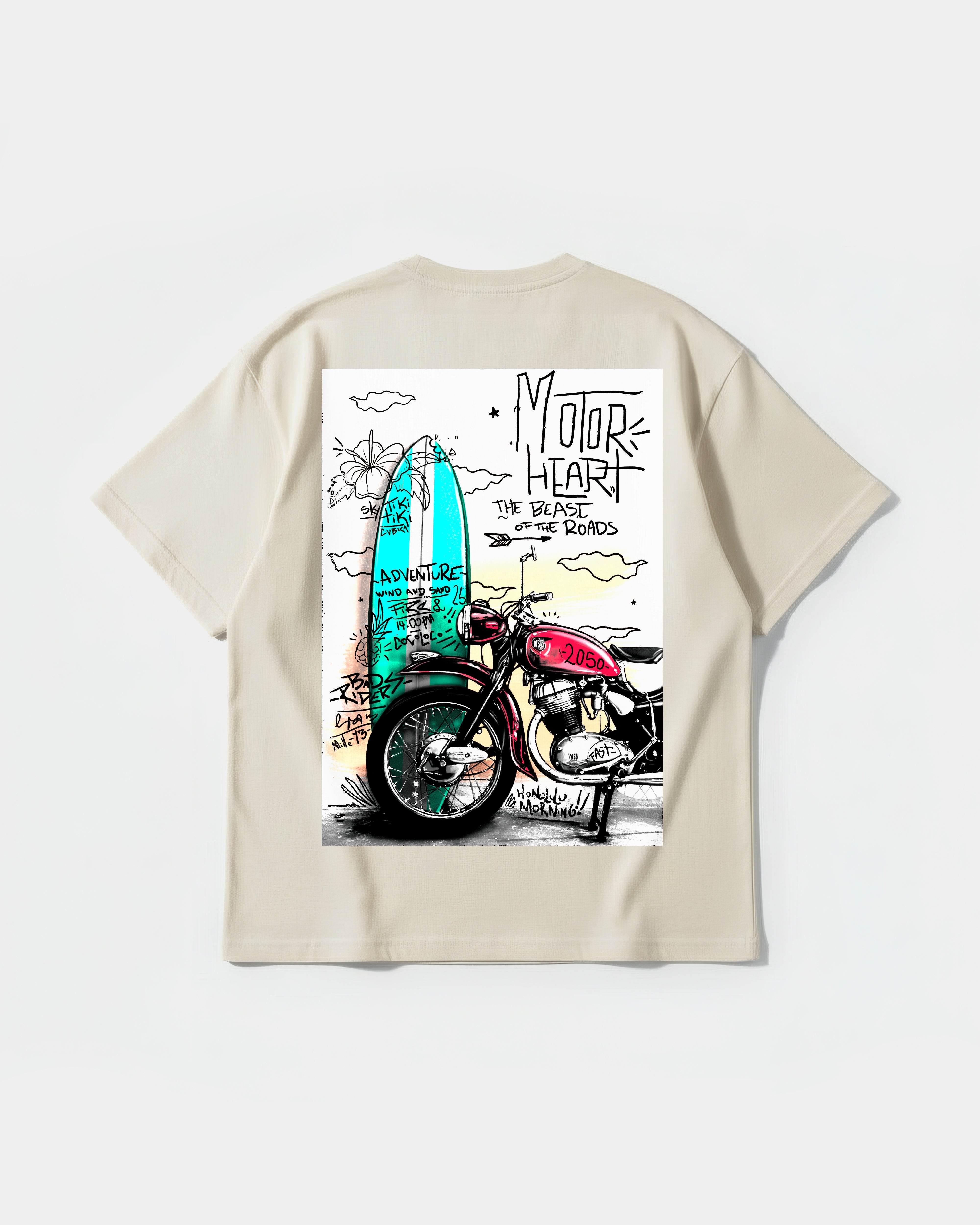 Camiseta Motor Heart White Pocket Front Oversize Basic Beige