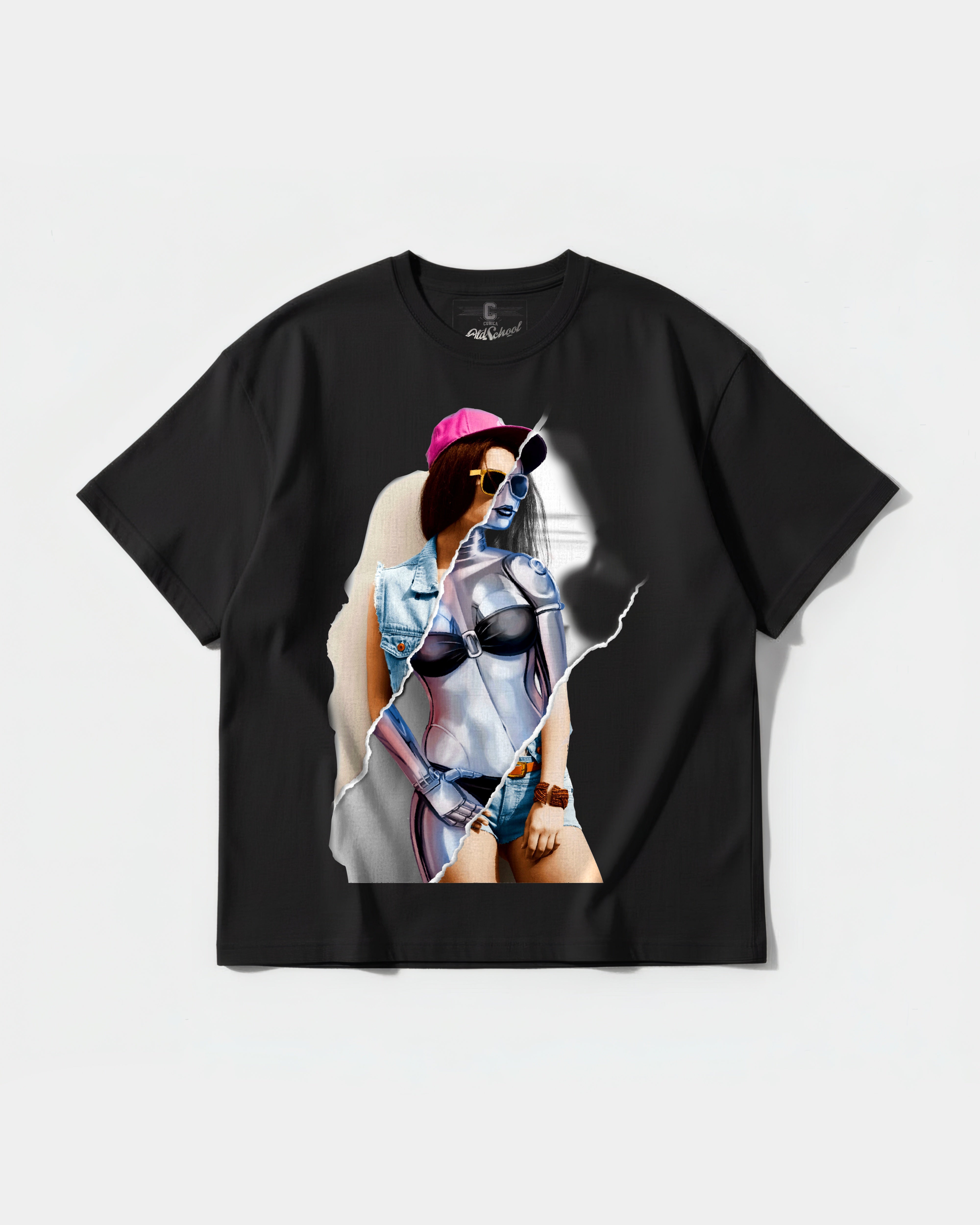 Robot Girl Big Front Oversize Basic T-shirt