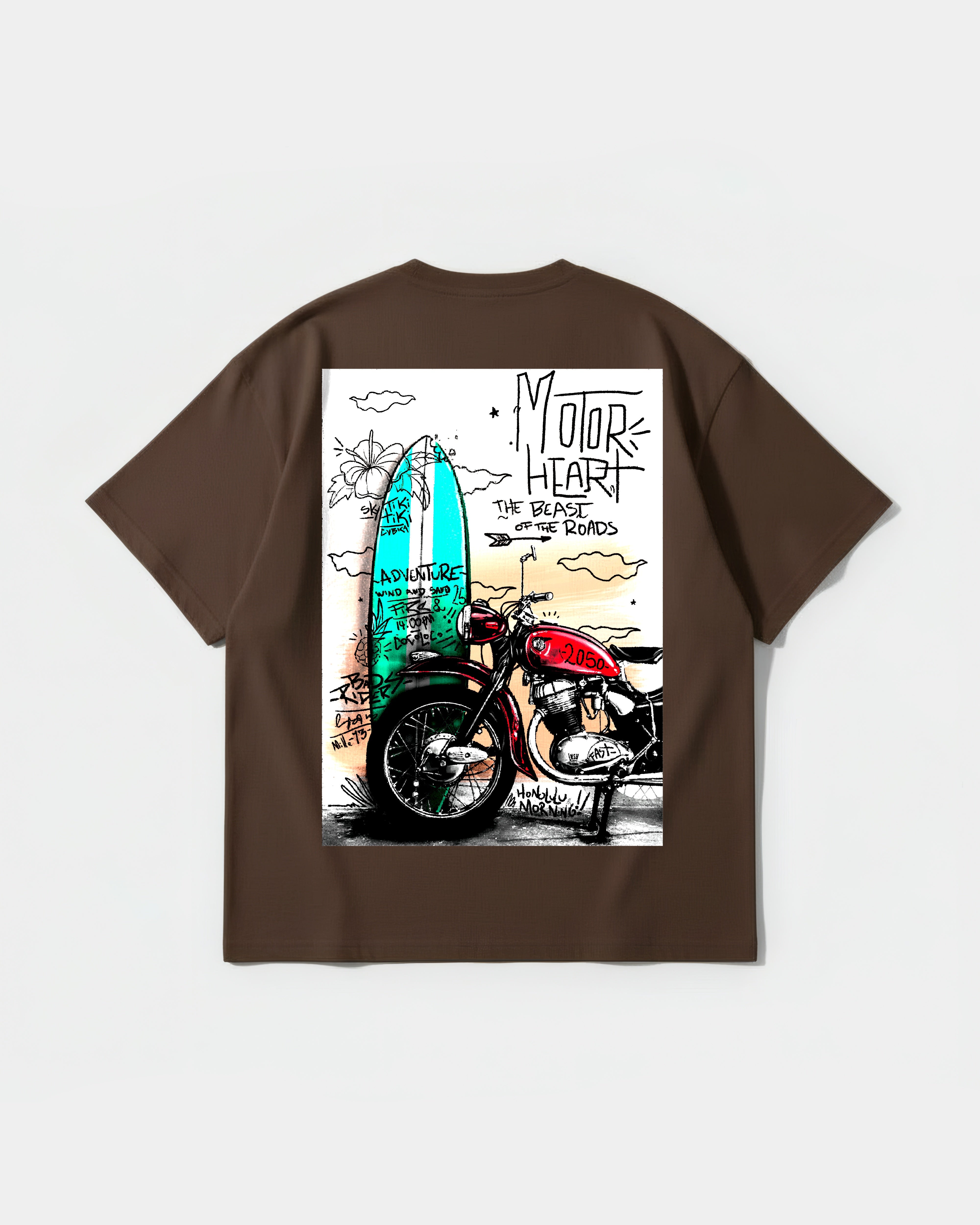 Camiseta Motor Heart White Pocket Front Oversize Basic Marron