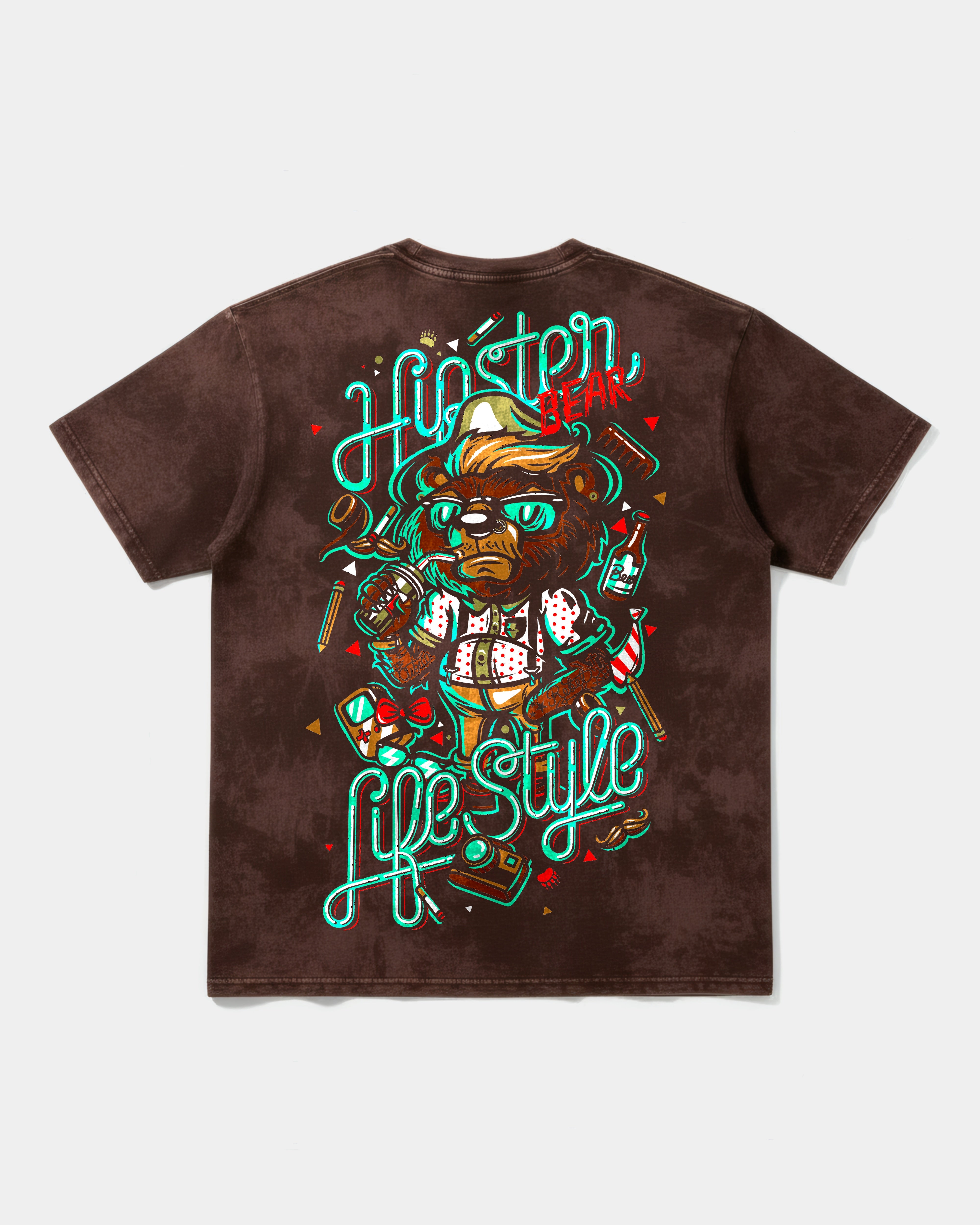 Camiseta Hipster Bear Pocket Front Oversize Acid Marron