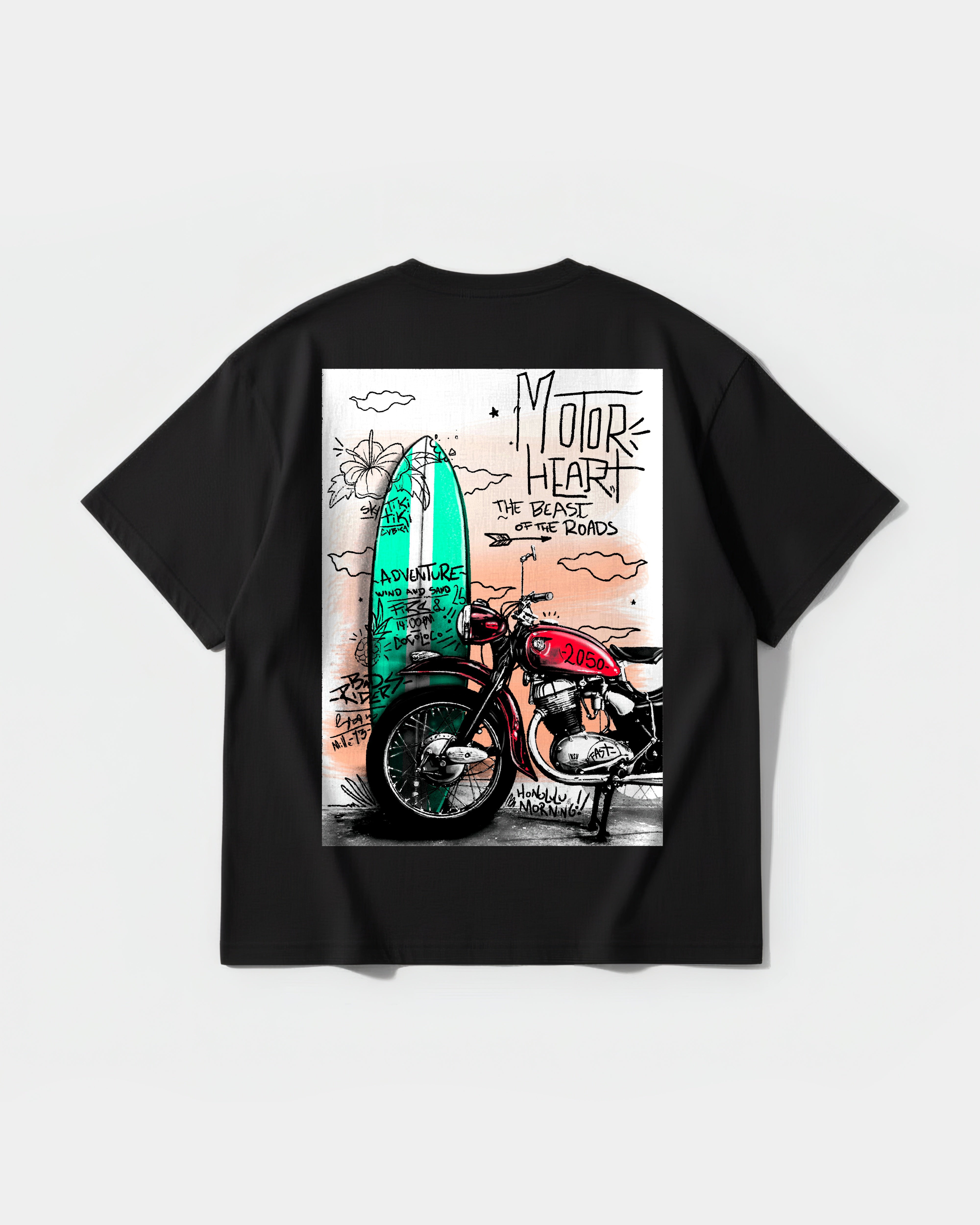 Camiseta Motor Heart White Pocket Front Oversize Basic Negro